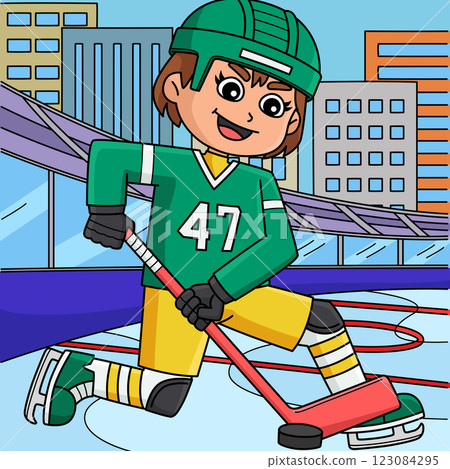Ice Hockey Girl Player Receiving Colored Cartoon Ice Hockey Girl Player Receiving Colored Cartoon 123084295