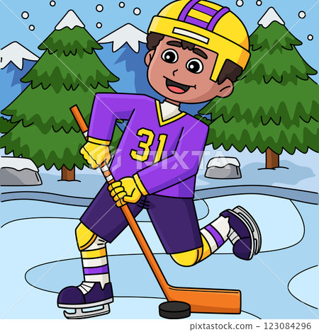 Ice Hockey Boy Player Passing the Puck Colored Ice Hockey Boy Player Passing the Puck Colored 123084296