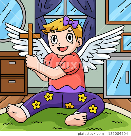 Baptism Baby Holding Cross Colored Cartoon Baptism Baby Holding Cross Colored Cartoon 123084304