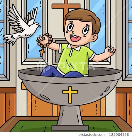 Baptism Child on Font Colored Cartoon Illustration 123084328