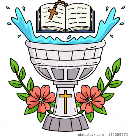 Baptism Font and a Bible with a Flower Clipart  123084373