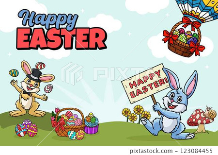 Happy Easter Egg Hunting Poster Horizontal Banner Happy Easter Egg Hunting Poster Horizontal Banner 123084455