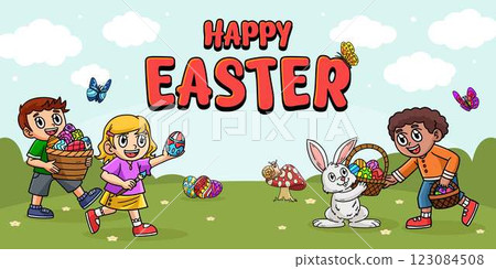 Happy Easter Egg Hunting Poster Panoramic Banner Happy Easter Egg Hunting Poster Panoramic Banner 123084508