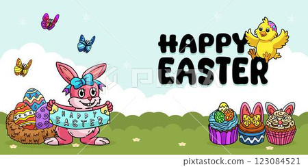 Happy Easter Egg Hunting Poster Panoramic Banner  123084521