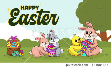 Happy Easter Egg Hunting Poster Panoramic Banner  123084634