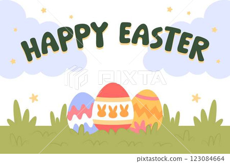 Happy Easter Egg Hunting Poster Horizontal Banner Happy Easter Egg Hunting Poster Horizontal Banner 123084664