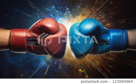 Red vs blue two boxing gloves punch each other creating sparks on a black background. Opposing competitors confrontation, sport power fight or battle advertising concept Red vs blue two boxing gloves punch each other creating sparks on a black background. Opposing competitors confrontation, sport power fight or battle advertising concept 123084864