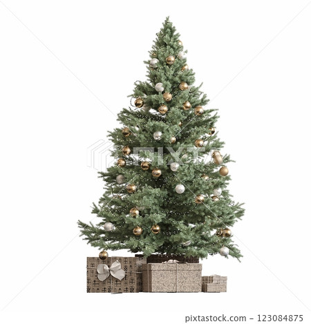 Christmas tree with decorations, isolated on white background, 3D illustration, cg render Christmas tree with decorations, isolated on white background, 3D illustration, cg render 123084875