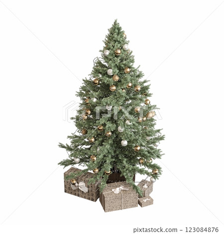 Christmas tree with decorations, isolated on white background, 3D illustration, cg render 123084876