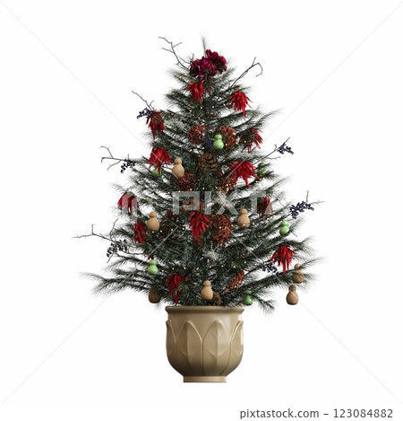 Christmas tree with decorations, isolated on white background, 3D illustration, cg render Christmas tree with decorations, isolated on white background, 3D illustration, cg render 123084882