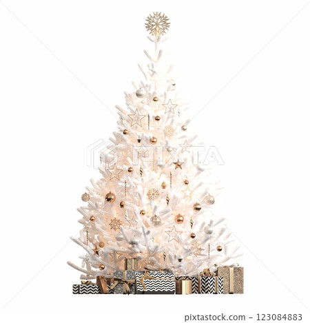 Christmas tree with decorations, isolated on white background, 3D illustration, cg render Christmas tree with decorations, isolated on white background, 3D illustration, cg render 123084883