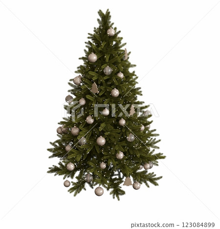 Christmas tree with decorations, isolated on white background, 3D illustration, cg render Christmas tree with decorations, isolated on white background, 3D illustration, cg render 123084899