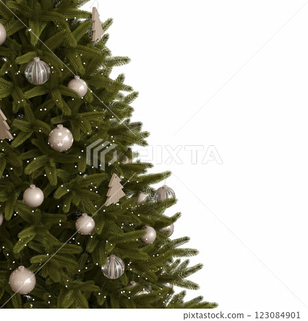 Christmas tree with decorations, isolated on white background, 3D illustration, cg render 123084901