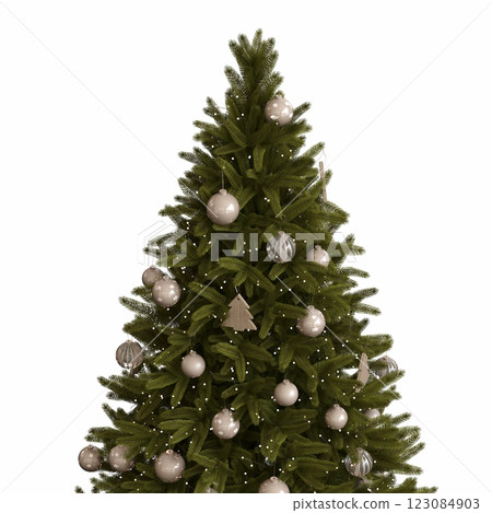 Christmas tree with decorations, isolated on white background, 3D illustration, cg render Christmas tree with decorations, isolated on white background, 3D illustration, cg render 123084903