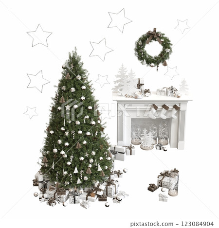 Christmas tree with decorations, isolated on white background, 3D illustration, cg render Christmas tree with decorations, isolated on white background, 3D illustration, cg render 123084904