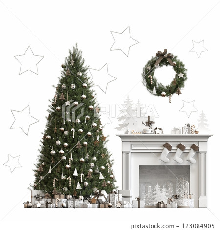 Christmas tree with decorations, isolated on white background, 3D illustration, cg render Christmas tree with decorations, isolated on white background, 3D illustration, cg render 123084905