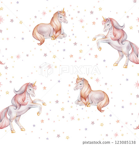 Seamless watercolor pattern with Unicorn and multicolored stars. Hand drawn Illustrations of background for nursery wallpaper, baby decor, textiles, or children paper. Pastel colors pony Seamless watercolor pattern with Unicorn and multicolored stars. Hand drawn Illustrations of background for nursery wallpaper, baby decor, textiles, or children paper. Pastel colors pony 123085138