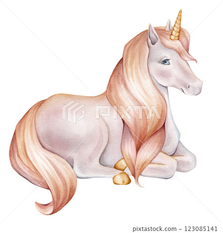 Hand drawn watercolor illustration of the Unicorn sitting. Cute yellow pink horse for Baby shower invitations or nursery wall art. Pastel Fantasy pony for kids greeting cards. Hand drawn watercolor illustration of the Unicorn sitting. Cute yellow pink horse for Baby shower invitations or nursery wall art. Pastel Fantasy pony for kids greeting cards. 123085141