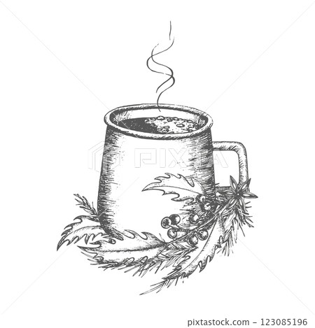 Cup of hot cacao with spruce branches and holly. Vector. Graphics illustration. Isolated on the white background shape. Christmas composition for menu, packaging cocoa powder, wrapping paper, napkins Cup of hot cacao with spruce branches and holly. Vector. Graphics illustration. Isolated on the white background shape. Christmas composition for menu, packaging cocoa powder, wrapping paper, napkins 123085196