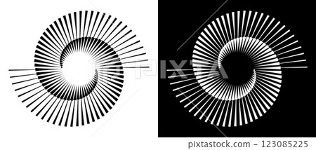 Spiral with lines as dynamic abstract vector background or logo or icon. Black spiral on white background and white spiral on black background. 123085225