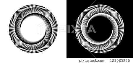 Spiral with lines as dynamic abstract vector background or logo or icon. Black spiral on white background and white spiral on black background. Spiral with lines as dynamic abstract vector background or logo or icon. Black spiral on white background and white spiral on black background. 123085226