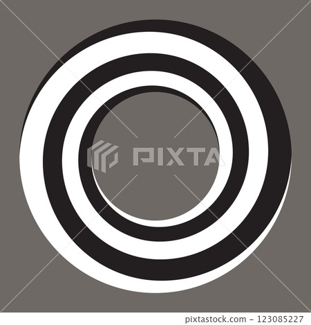 Rotating art lines in circle shape as symbol, logo or icon. Black and white lines in spiral on gray background. 123085227