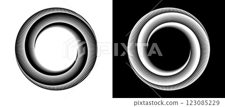Spiral with lines as dynamic abstract vector background or logo or icon. Black spiral on white background and white spiral on black background. Spiral with lines as dynamic abstract vector background or logo or icon. Black spiral on white background and white spiral on black background. 123085229