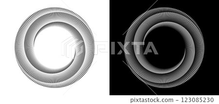 Spiral with lines as dynamic abstract vector background or logo or icon. Black spiral on white background and white spiral on black background. Spiral with lines as dynamic abstract vector background or logo or icon. Black spiral on white background and white spiral on black background. 123085230