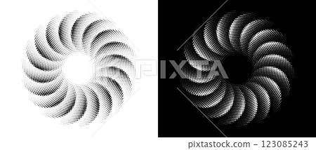 Modern abstract background. Halftone dots in circle form. Spiral logo. Vector dotted frame. Design element or icon. Black dots on a white background and white dots on the black side. Modern abstract background. Halftone dots in circle form. Spiral logo. Vector dotted frame. Design element or icon. Black dots on a white background and white dots on the black side. 123085243