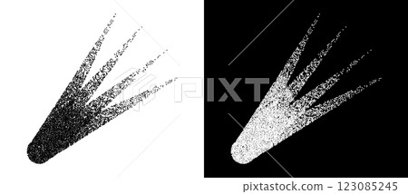 Dotted abstract space background with comet concept. Black shape on a white background and the same white shape on the black side. Dotted abstract space background with comet concept. Black shape on a white background and the same white shape on the black side. 123085245