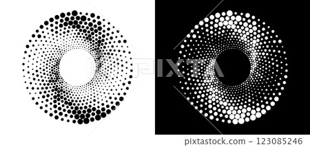 Circle abstract background with dynamic halftone dots in spiral. Black shape on a white background and the same white shape on the black side. Circle abstract background with dynamic halftone dots in spiral. Black shape on a white background and the same white shape on the black side. 123085246