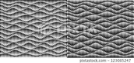 Abstract art geometric background with vertical lines. Optical illusion with waves and transition. Black lines on a white background and the same white lines on the black side. 123085247