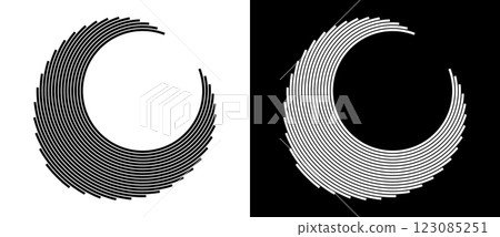 Circle from lines like moon. Monochrome abstract background or icon or logo. Black shape on a white background and the same white shape on the black side. 123085251