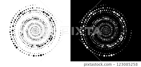 Circle abstract background with dynamic halftone dots in spiral. Black shape on a white background and the same white shape on the black side. 123085258