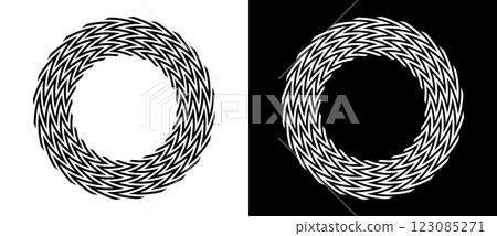 Zigzag lines in circle abstract background. Dynamic transition optical illusion. Black shape on a white background and the same white shape on the black side. Zigzag lines in circle abstract background. Dynamic transition optical illusion. Black shape on a white background and the same white shape on the black side. 123085271