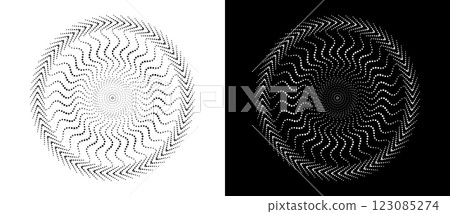 Art sun background. Icon template or logo with halftone dotted lines. Black shape on a white background and the same white shape on the black side. 123085274