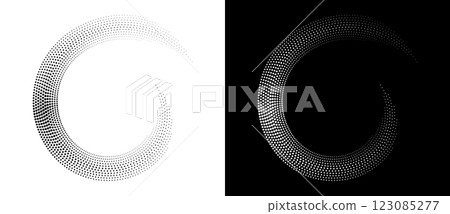 Modern abstract background. Halftone dots in spiral. Round logo. Vector dotted frame. Design element or icon. Black shape on a white background and the same white shape on the black side. 123085277