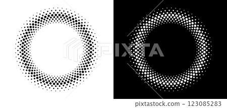 Modern abstract background. Halftone dots in circle form. Round logo, design element or icon. Vector dotted frame. A black figure on a white background and an equally white figure on the black side. 123085283