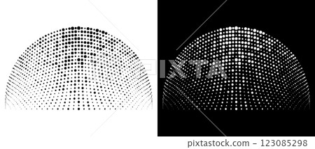 Modern abstract background. Halftone dots in semicircle. Vector dotted round logo. Design element or icon. Black dots on a white background and white dots on the black side. 123085298