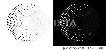 Modern abstract background. Halftone dots in circle form. Round logo, design element or icon. Vector dotted frame. A black figure on a white background and an equally white figure on the black side. 123085301