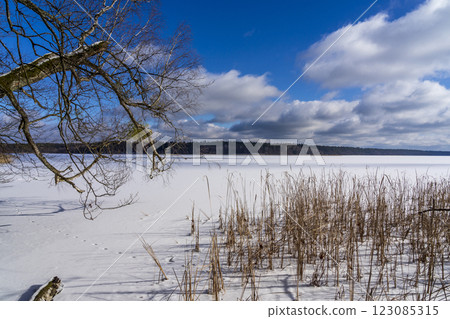 Nidzkie Lake in winter. Landscape of Masuria in Poland. Nidzkie Lake in winter. Landscape of Masuria in Poland. 123085315