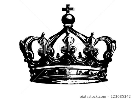 Vintage crown of a king or queen, ink drawing. Kingdom crown, in engraving style 123085342