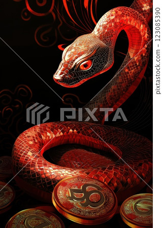 Chinese new year 2025, Red Snake 2025 3D, golden ingots and coins. Ai generative Chinese new year 2025, Red Snake 2025 3D, golden ingots and coins. Ai generative 123085390