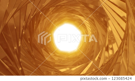 Luxury golden shiny tunnel. Flight throught a glittering spiral circle illustration. 123085424