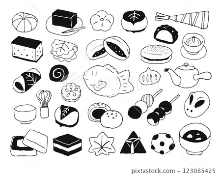 Japanese sweets hand drawn line drawing illustration set 123085425