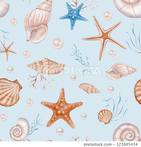 Seashell and Pearls Pattern on isolated background. Hand drawn vintage watercolor seamless ornament with Sea Shells and stars for wrapping paper or textile in nautical style. 123085434