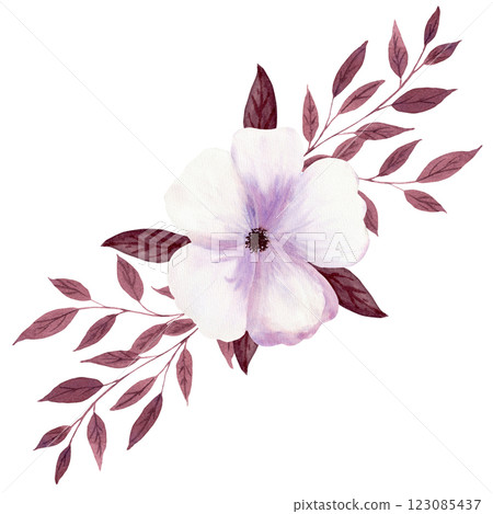 Watercolor composition of light purple flower and bunch of fantasy leaves Watercolor composition of light purple flower and bunch of fantasy leaves 123085437