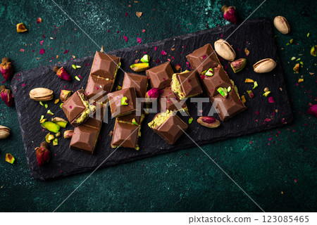 Dubai chocolate with kadayif pistachio filling 123085465