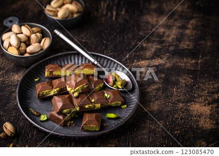 Dubai chocolate with kadayif pistachio filling 123085470