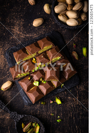 Dubai chocolate with kadayif pistachio filling Dubai chocolate with kadayif pistachio filling 123085475